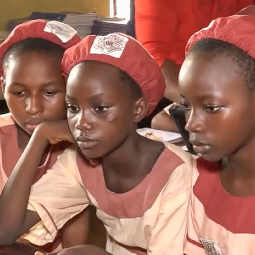 Young girls using digital devices at St. Agnes Primary School, Maryland, Lagos