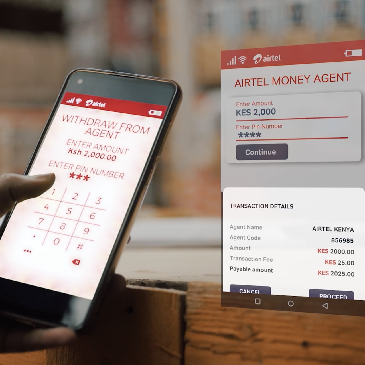 Close up of a phone screen into which a pin number is being typed for a withdrawal using airtel money