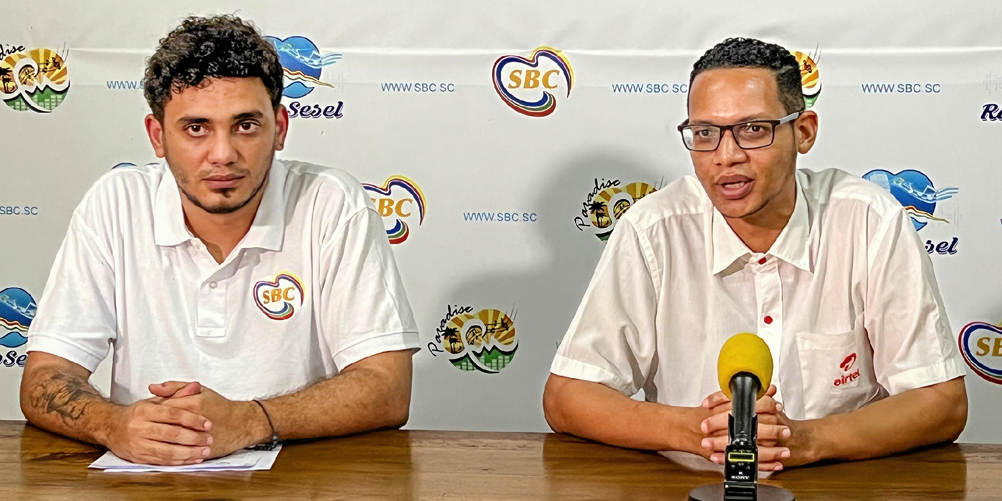 Two representatives from Airtel Seychelles and the Seychelles Broadcasting Corporation (SBC) being interviewed during the launch of our initiative to make local radio and podcasts more accessible than ever to communities