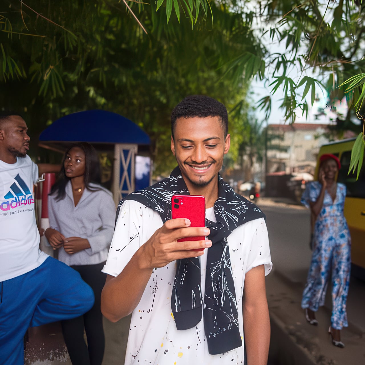 Young man looking at his phone while walking down a busy street