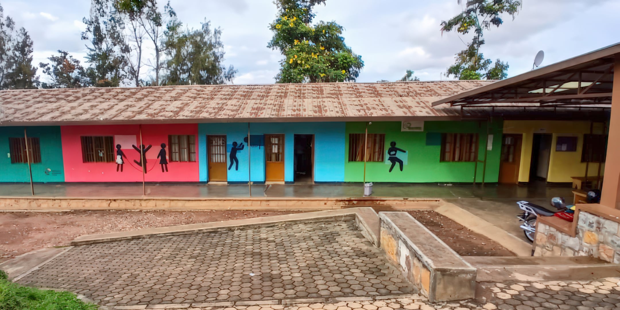 A school building with colourfully painted walls