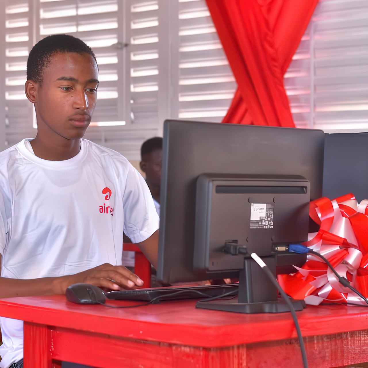 A young man sitting at a computer in what looks like a school room